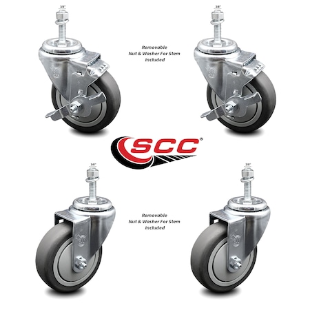 Service Caster 4 Inch Thermoplastic Rubber Swivel 3/8 Inch Threaded Stem Caster Brake SCC, 2PK SCC-TS20S414-TPRB-381615-2-TLB-2